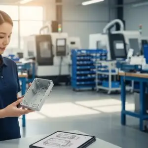 Engineer in a modern factory inspecting a precision-manufactured plastic enclosure next to a tablet with CAD drawings, representing a trusted manufacturing partnership