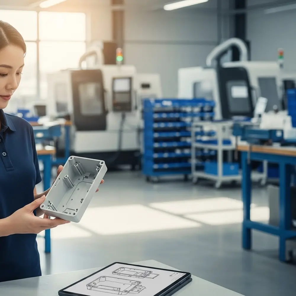 Engineer in a modern factory inspecting a precision-manufactured plastic enclosure next to a tablet with CAD drawings, representing a trusted manufacturing partnership