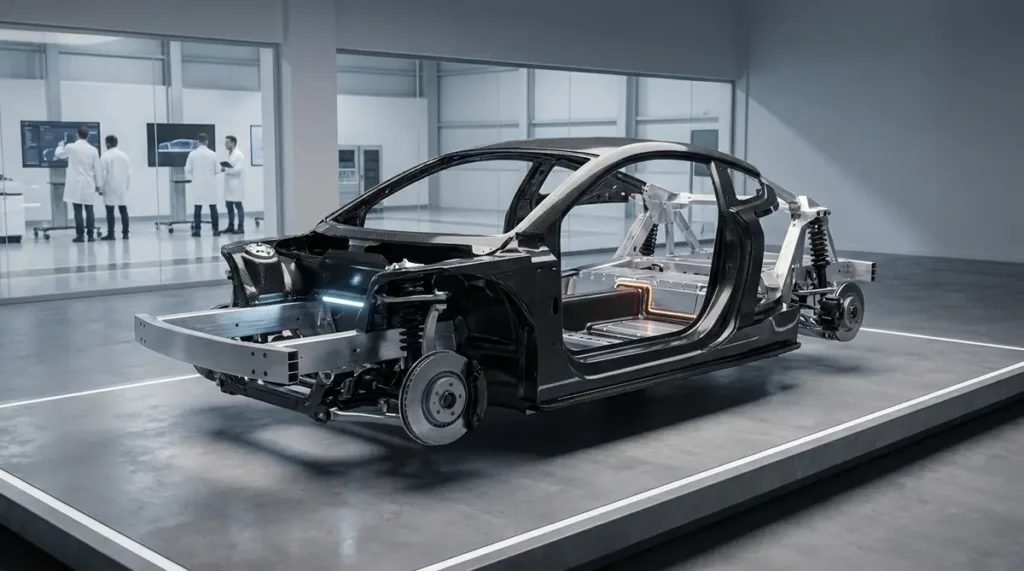 Modern EV chassis with exposed carbon fibre and aluminium panels in a design studio
