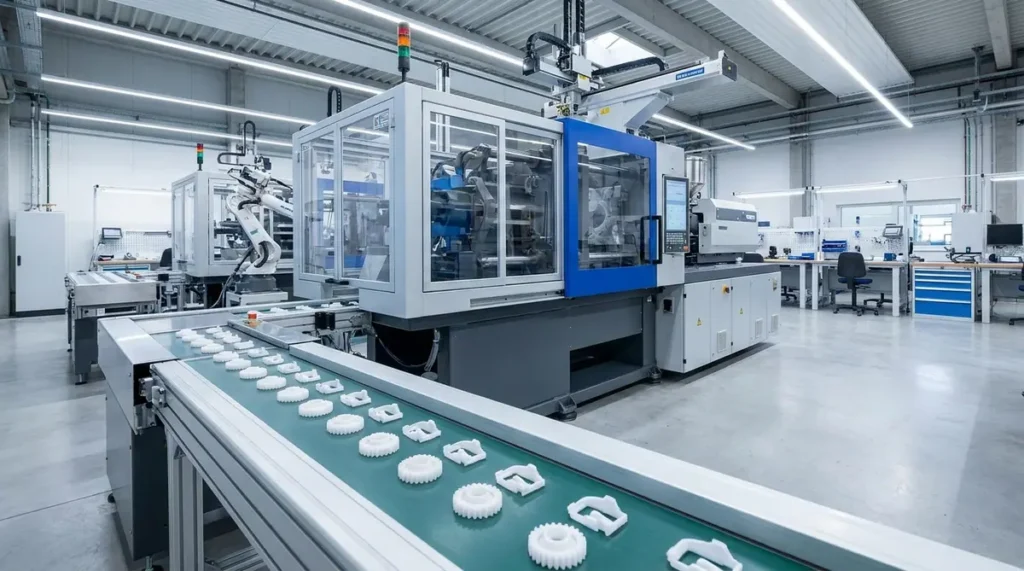 Plastic injection moulding machine with freshly moulded parts on a conveyor