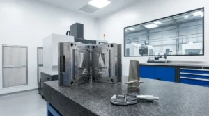 Polished steel aerospace injection mould tool on a precision engineering bench with inspection tools