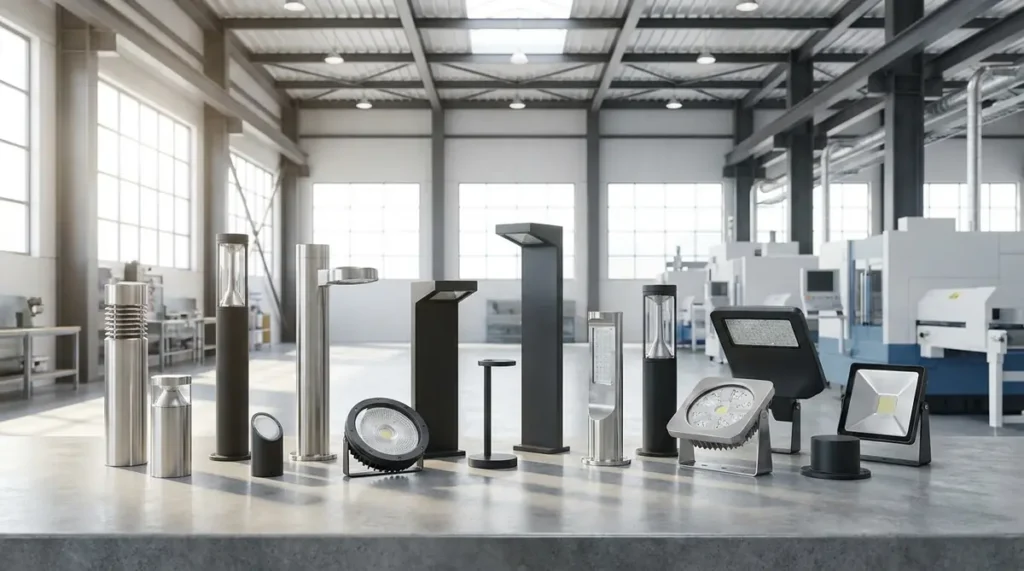 Array of aluminium die-cast outdoor LED light fixtures on a studio surface