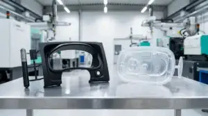 Automotive plastic component on the left and medical device housing on the right, both freshly injection moulded