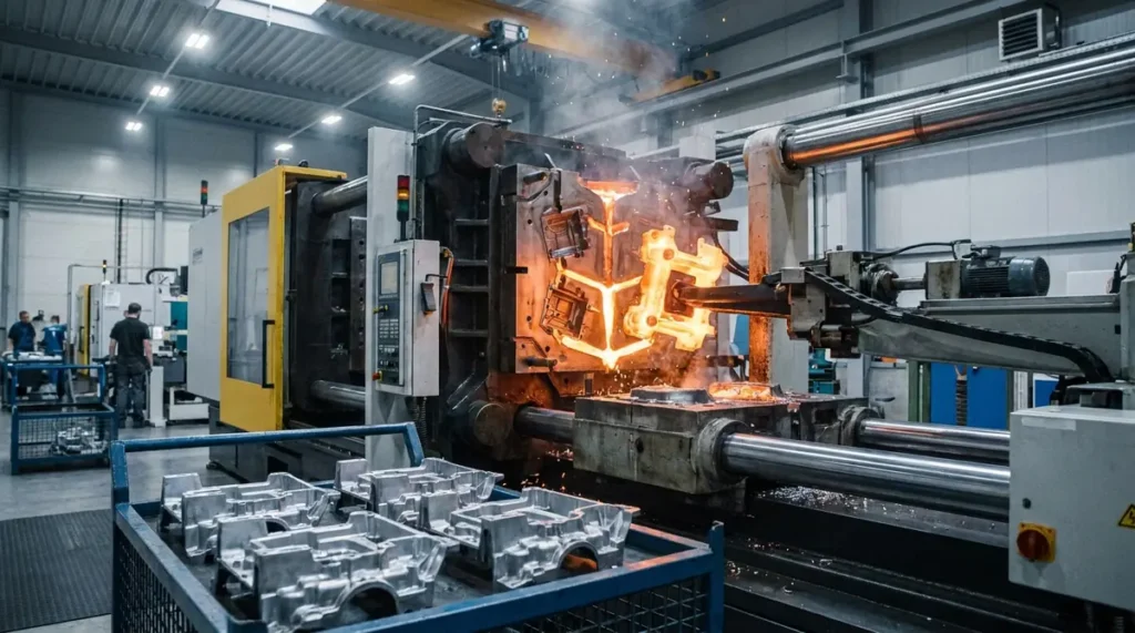 Aluminium die casting machine ejecting a freshly cast part with finished parts in the foreground