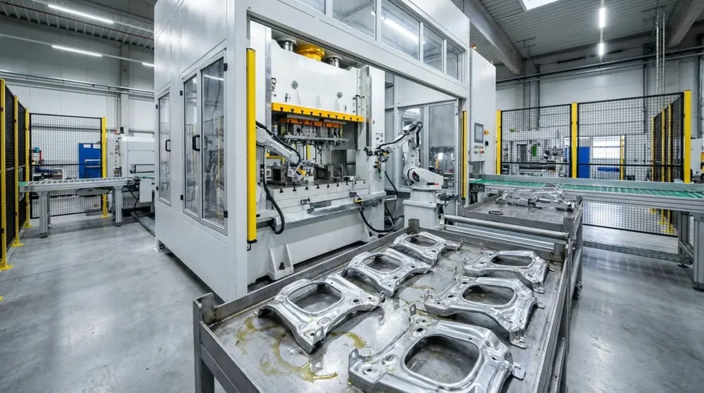 Metal stamping press with freshly stamped automotive parts in the foreground