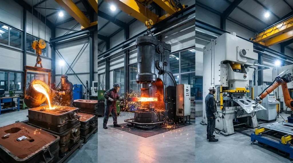 Three metal manufacturing processes: casting, forging, and pressing, shown side by side