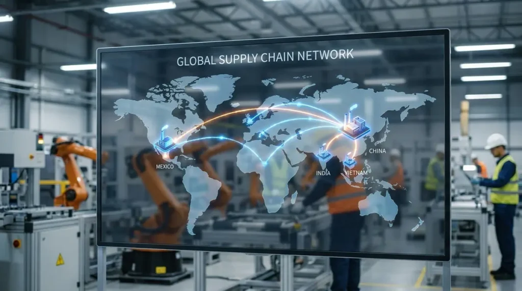 World map showing supply chain routes from China to Mexico, Vietnam and India over a factory floor