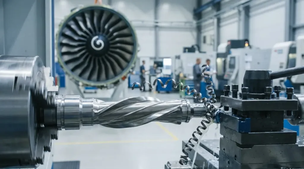 CNC lathe turning a precision titanium aerospace component with a jet engine in the background