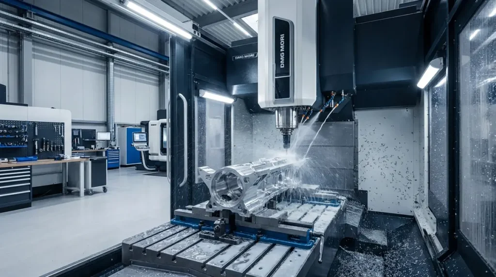 Modern 5-axis CNC milling machine cutting a precision aluminium part