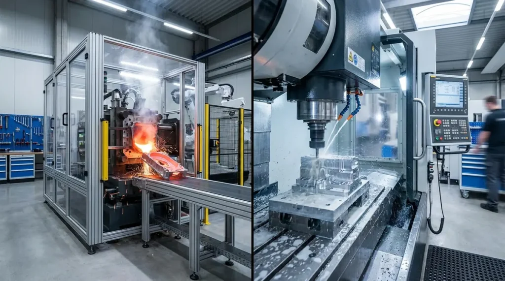 Split image of die casting machine on the left and CNC mill on the right