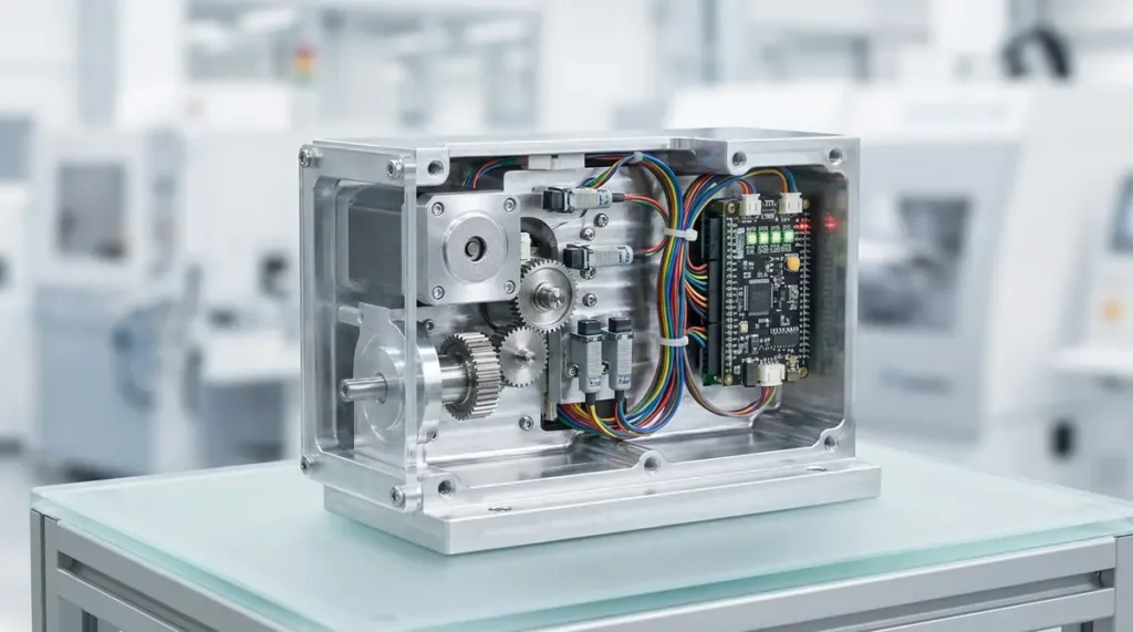 Cutaway of an electromechanical assembly showing motor, gears, sensors and control board