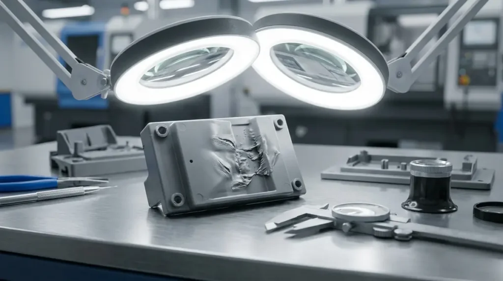 Close-up of injection moulded plastic parts being inspected for defects on a QC bench
