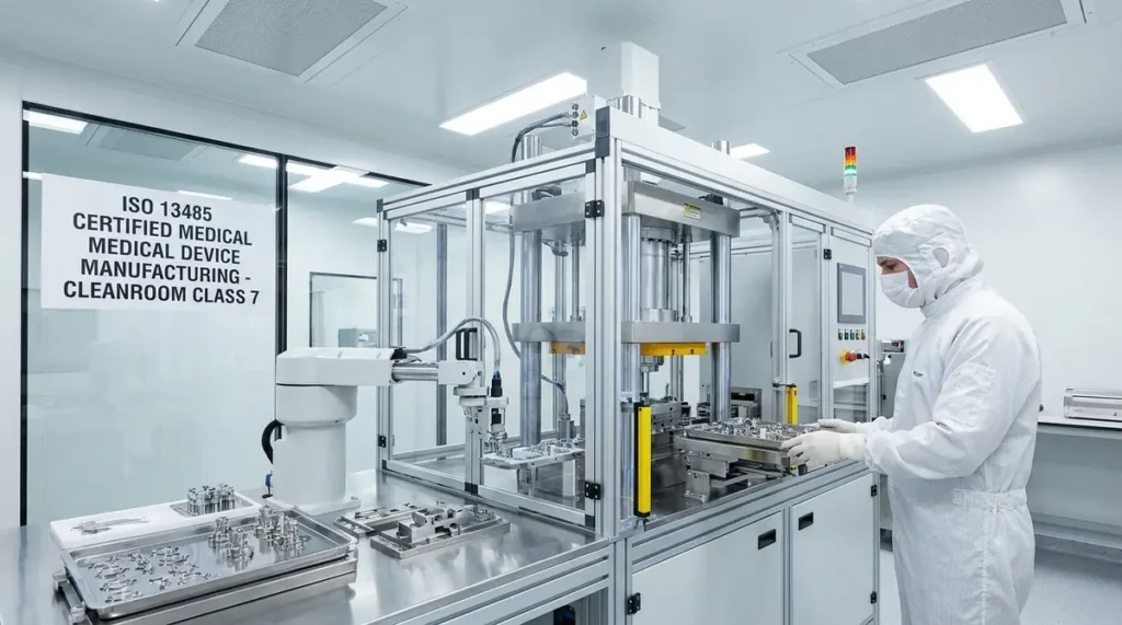 Cleanroom metal pressing of stainless medical components, technician in cleanroom suit