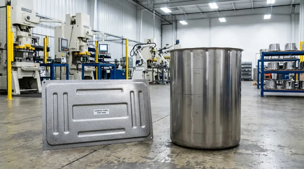 Flat stamped metal panel on the left and a deep-drawn stainless steel cup on the right