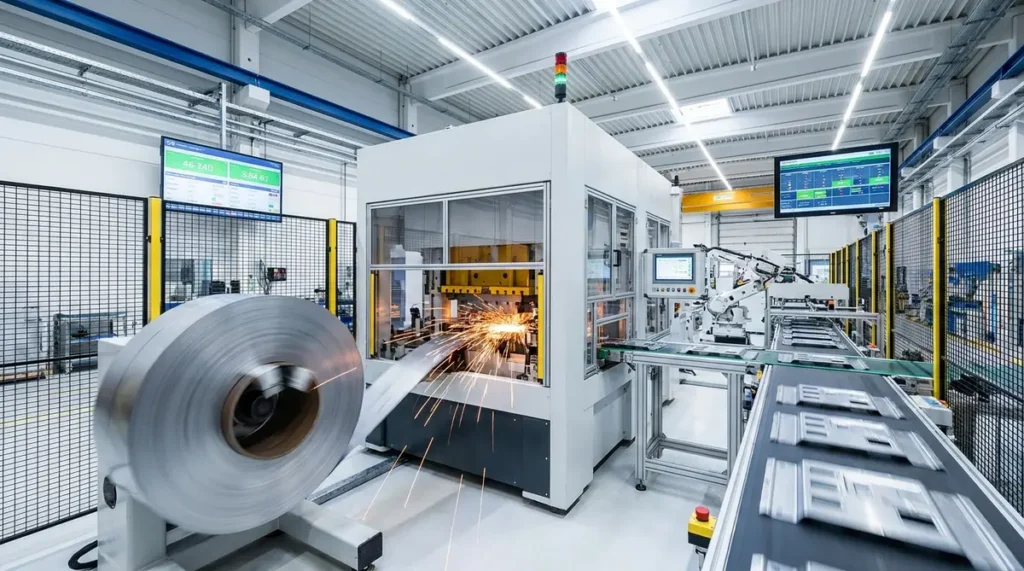High-speed progressive die metal stamping line producing parts at volume