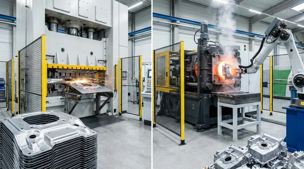 Metal stamping press on the left and die casting machine on the right with finished parts in the foreground