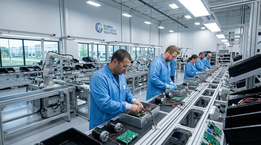 Outsourced electromechanical assembly production line with technicians integrating components