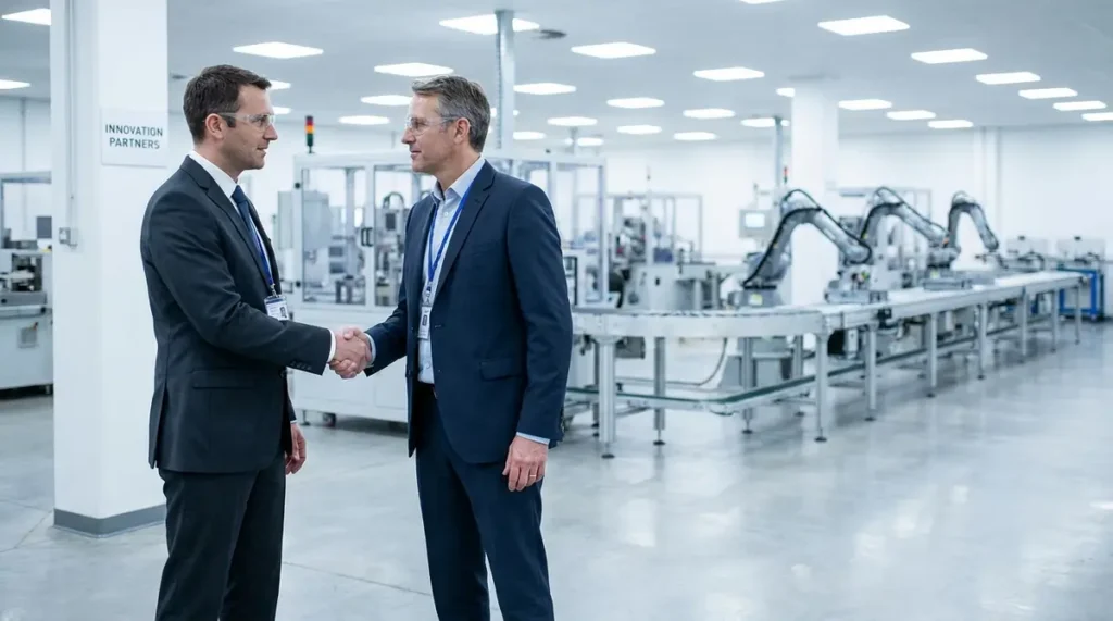 Handshake between a buyer and a manufacturing partner on a modern factory floor