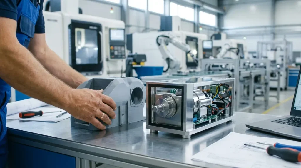 3D printed prototype next to a fully assembled production electromechanical product on a factory bench
