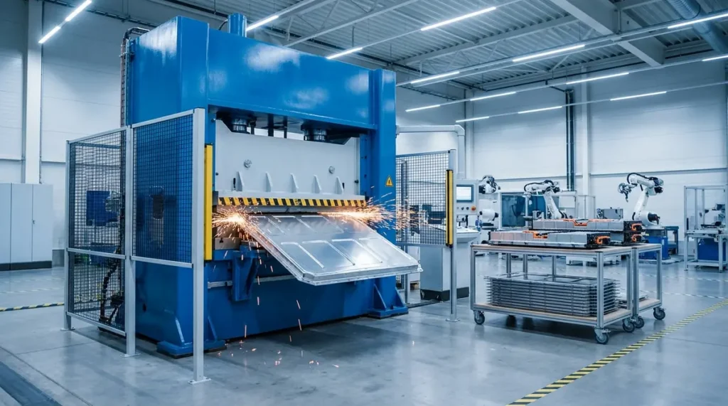 Hydraulic punch press stamping an EV battery enclosure plate from sheet aluminium