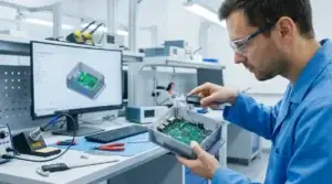 Engineer inspecting a 3D-printed electronic enclosure prototype with a PCB inside, in a modern R&D lab