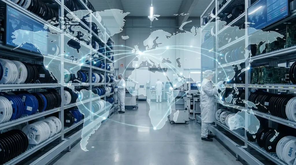 Electronics components warehouse with microchip reels and a global shipping route map overlay