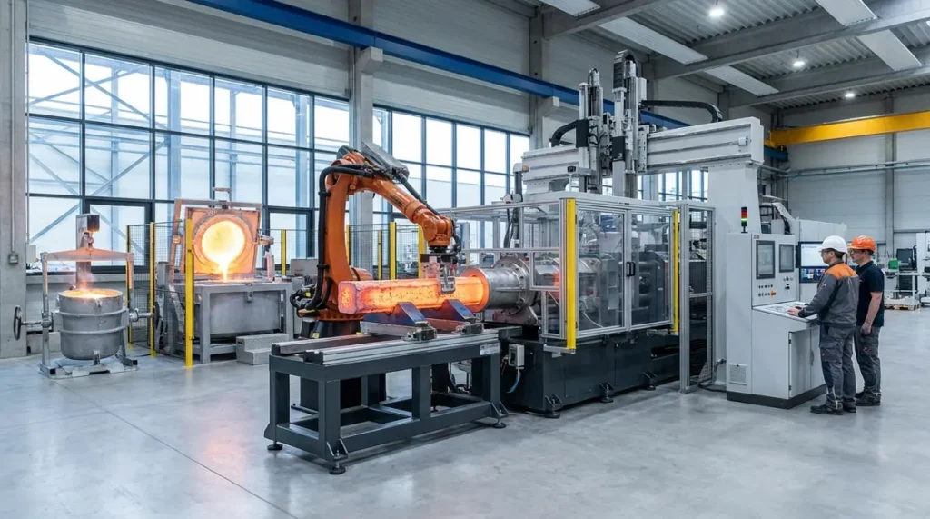 Semi-solid die casting machine processing a thixotropic aluminium billet