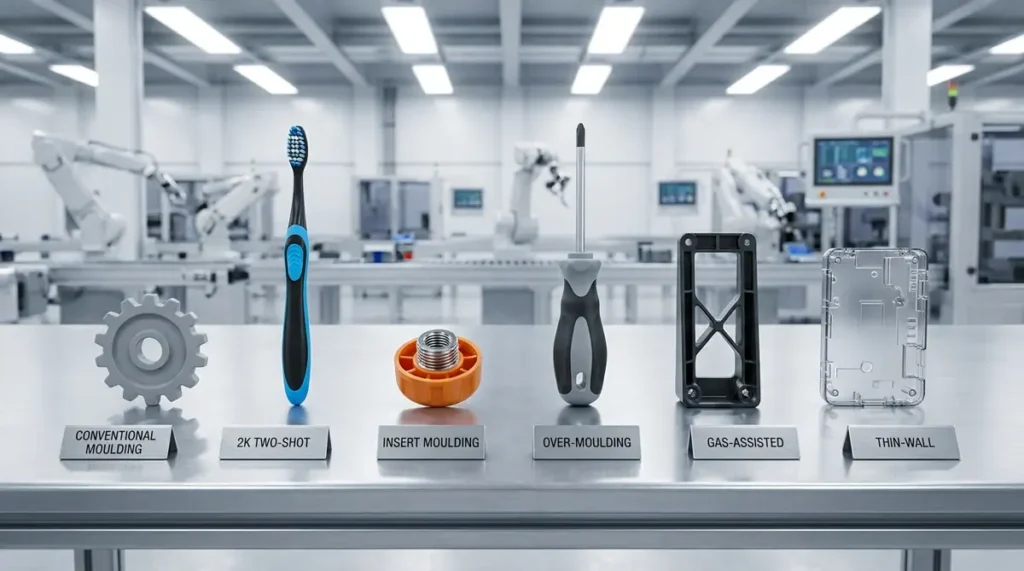 Six injection moulded plastic parts representing different moulding processes on a workbench