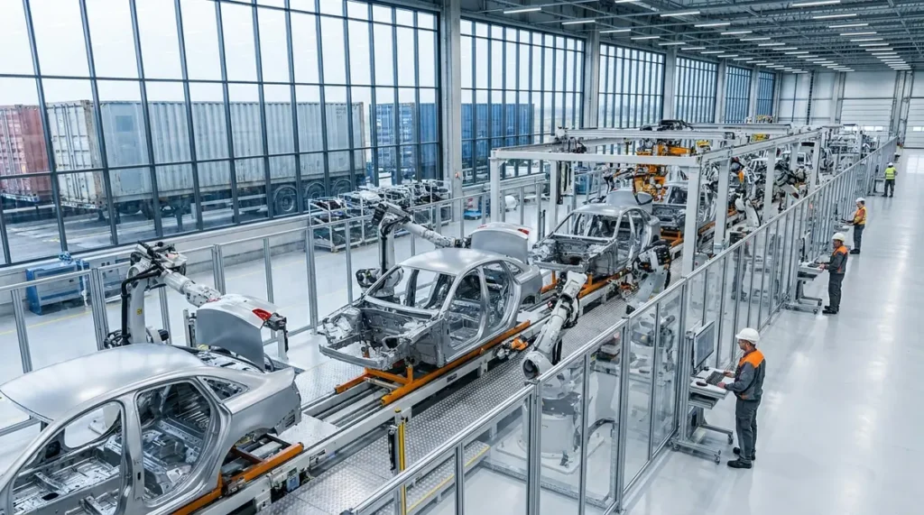 Automotive assembly line waiting for components, with cargo containers visible at the loading dock