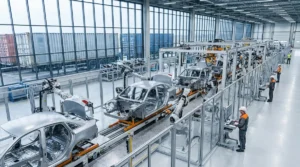 Automotive assembly line waiting for components, with cargo containers visible at the loading dock