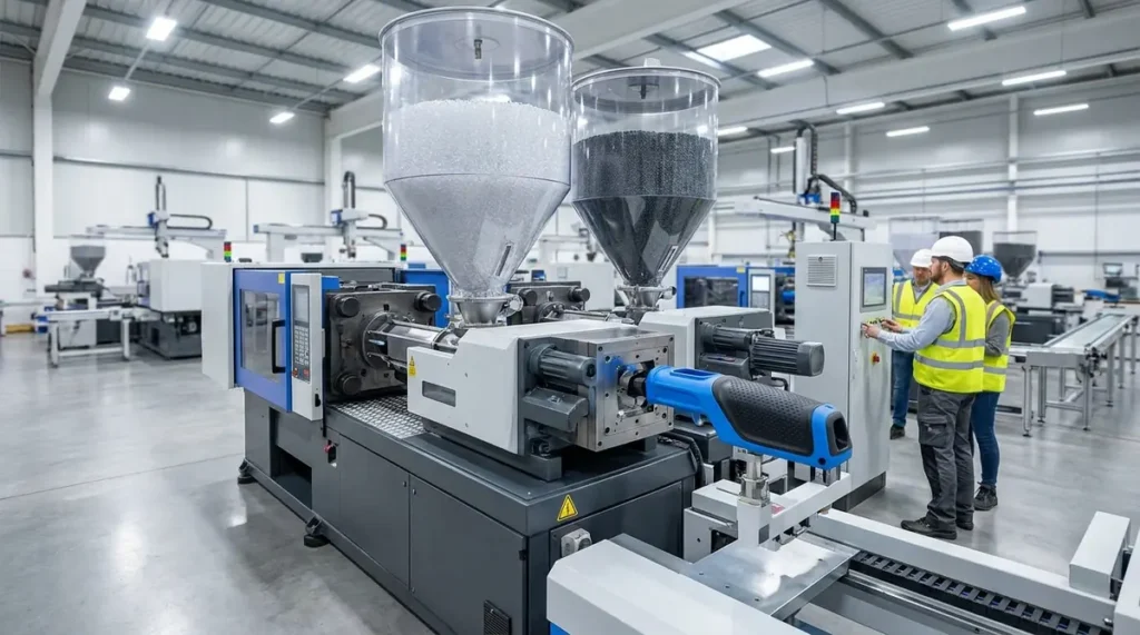 Two-shot injection moulding machine producing a hard-plastic and soft-rubber part