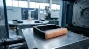 Two-shot 2K injection moulded part with a rigid black frame and bonded soft over-moulded section on the machine platen