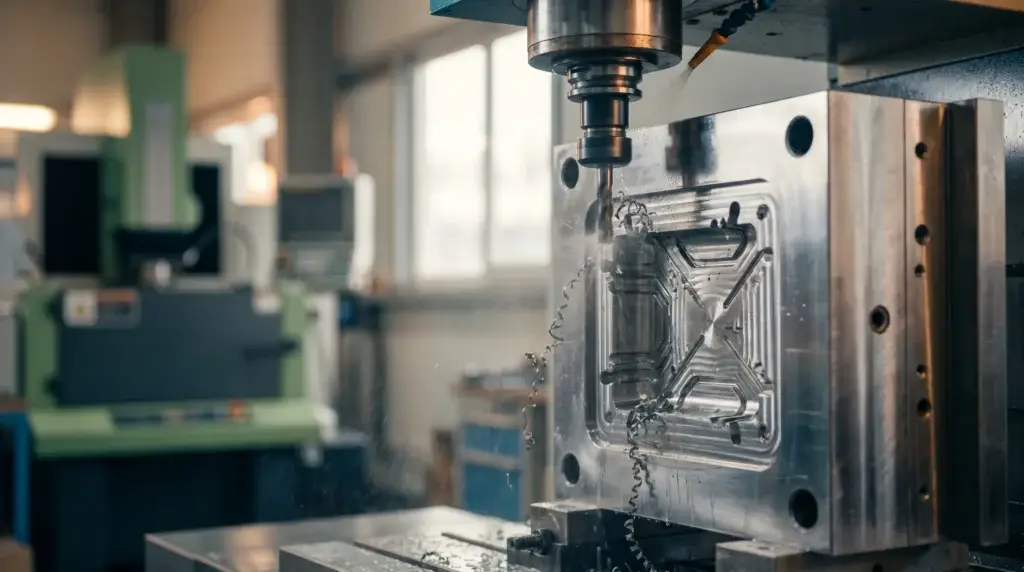 High-speed CNC machining of a precision steel injection mould cavity with metal shavings in a tool shop