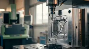 High-speed CNC machining of a precision steel injection mould cavity with metal shavings in a tool shop