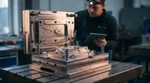 Polished hardened steel injection mould tool showing core and cavity, with a toolmaker inspecting it in a workshop