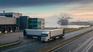 Nearshoring manufacturing concept: road freight leaving a modern factory for the North American market