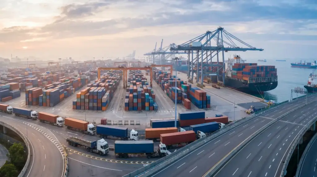 Aerial view of a container shipping terminal with cargo ship, cranes, stacked containers and freight trucks departing