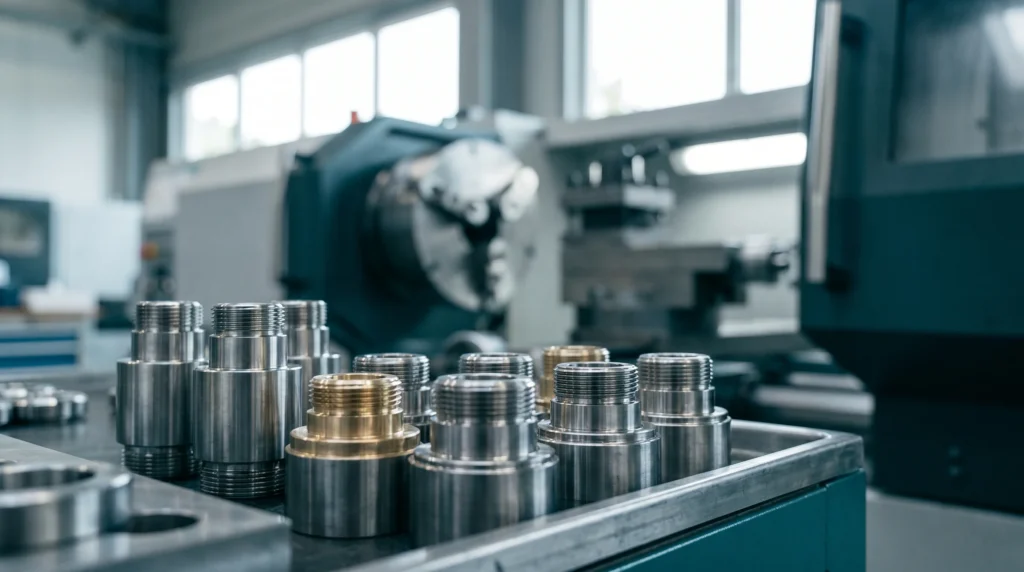 Precision CNC-turned stainless steel and brass parts in front of a CNC turning lathe in a manufacturing factory
