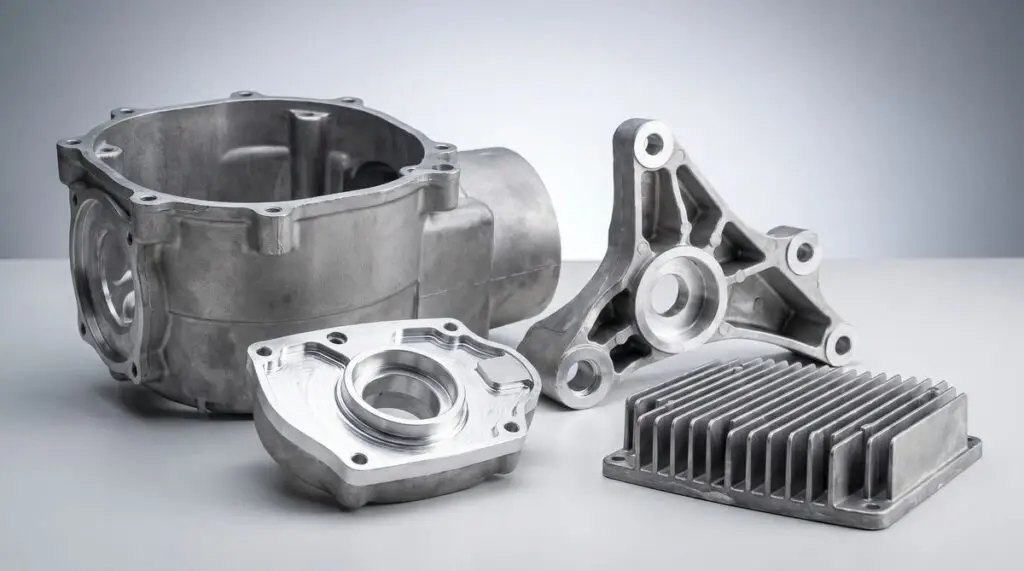Aluminium die-cast components including a housing, bracket, machined cover and finned heat sink