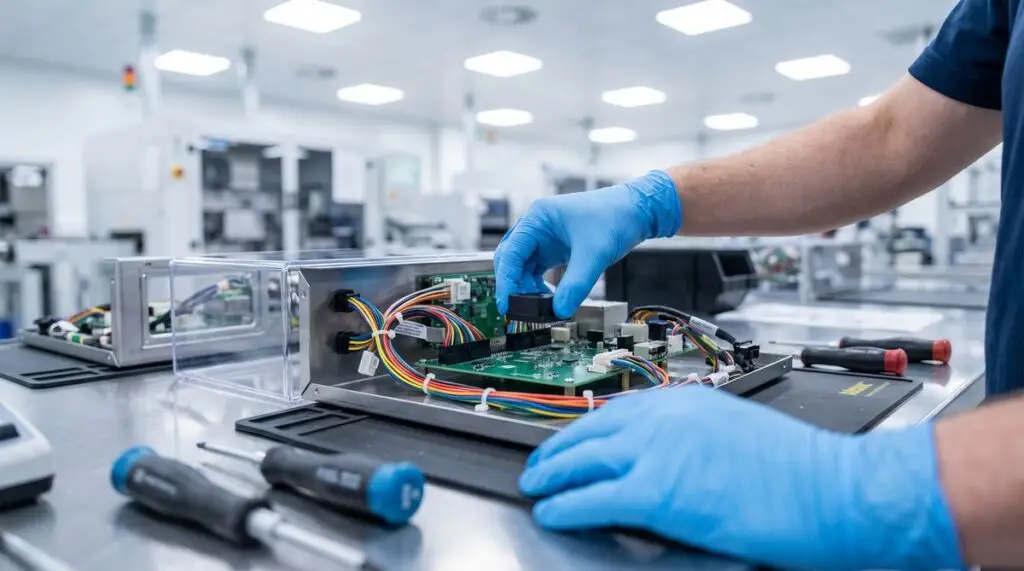 A technician assembling a PCB, wiring harness and connectors inside an electronic enclosure