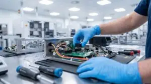 A technician assembling a PCB, wiring harness and connectors inside an electronic enclosure