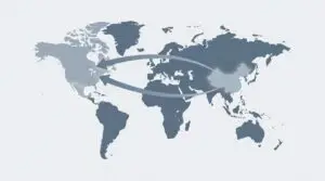 World map illustrating a China Plus One manufacturing strategy with supply flows from China and Mexico toward North America