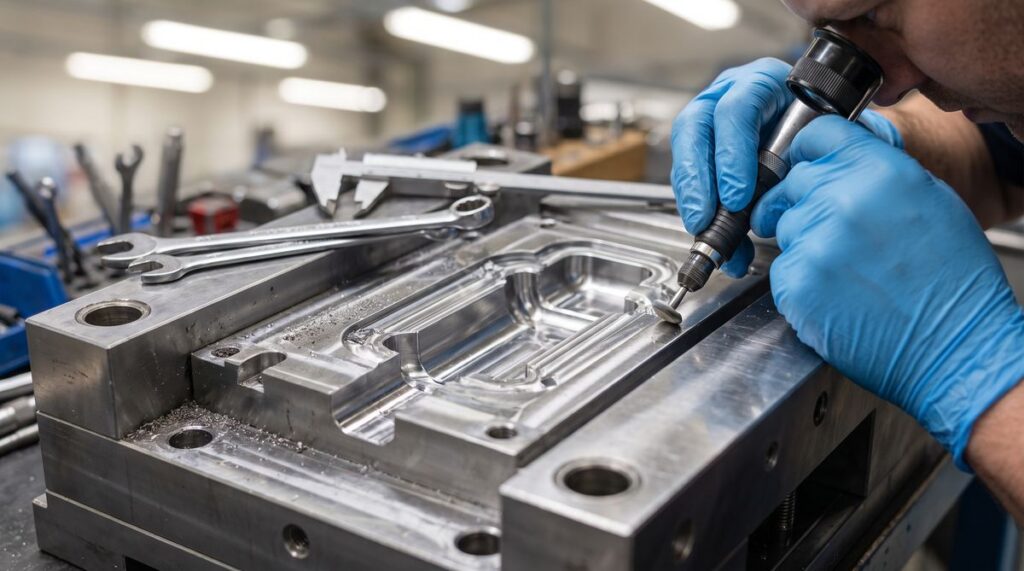 A technician inspecting and repairing the steel cavity of a precision injection mould tool