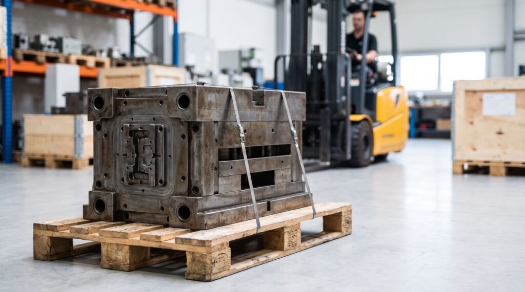 A large steel injection mould tool strapped to a wooden pallet ready for transfer, with a forklift behind