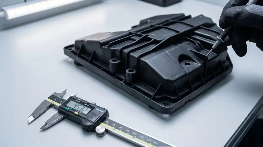 A ribbed injection-moulded plastic part being inspected with digital calipers on an engineering bench