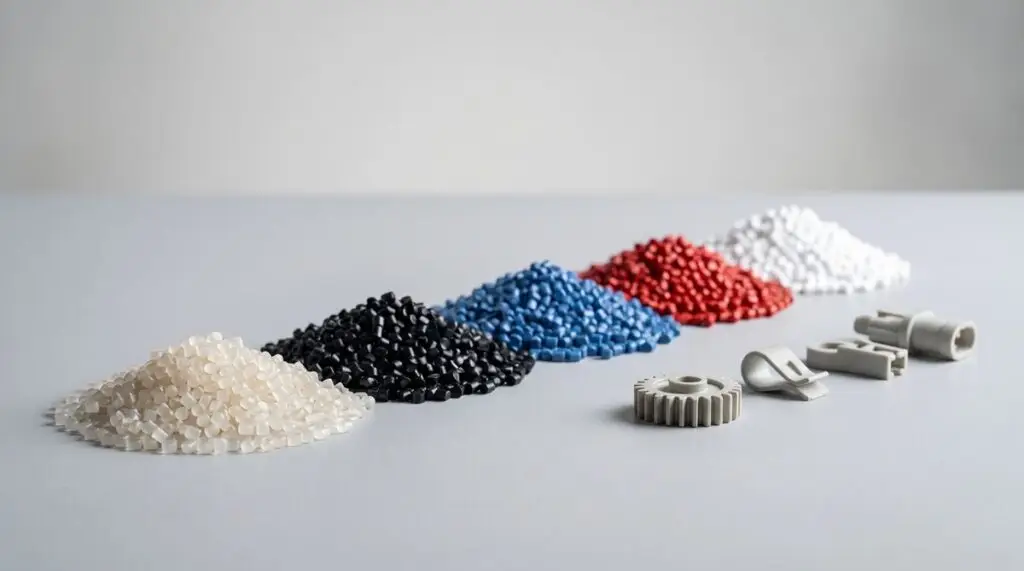 Piles of coloured injection-moulding resin pellets beside finished moulded plastic parts on a light surface