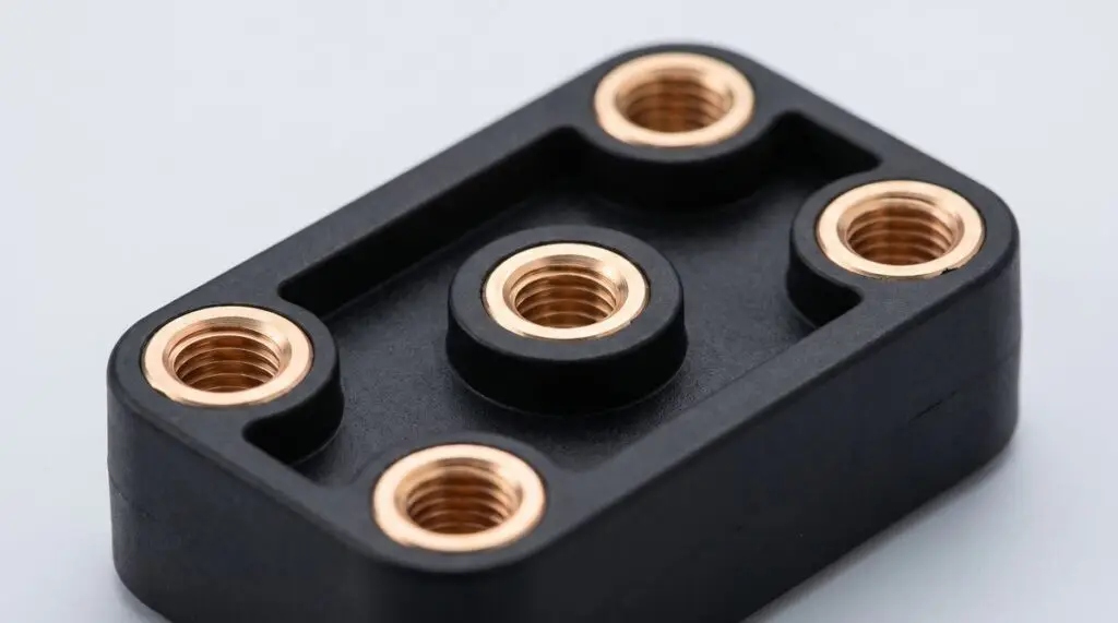 A black plastic part with four brass threaded metal inserts moulded into it