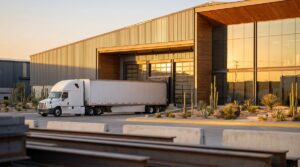 A modern manufacturing facility in a Mexican industrial park with a logistics truck at the loading dock