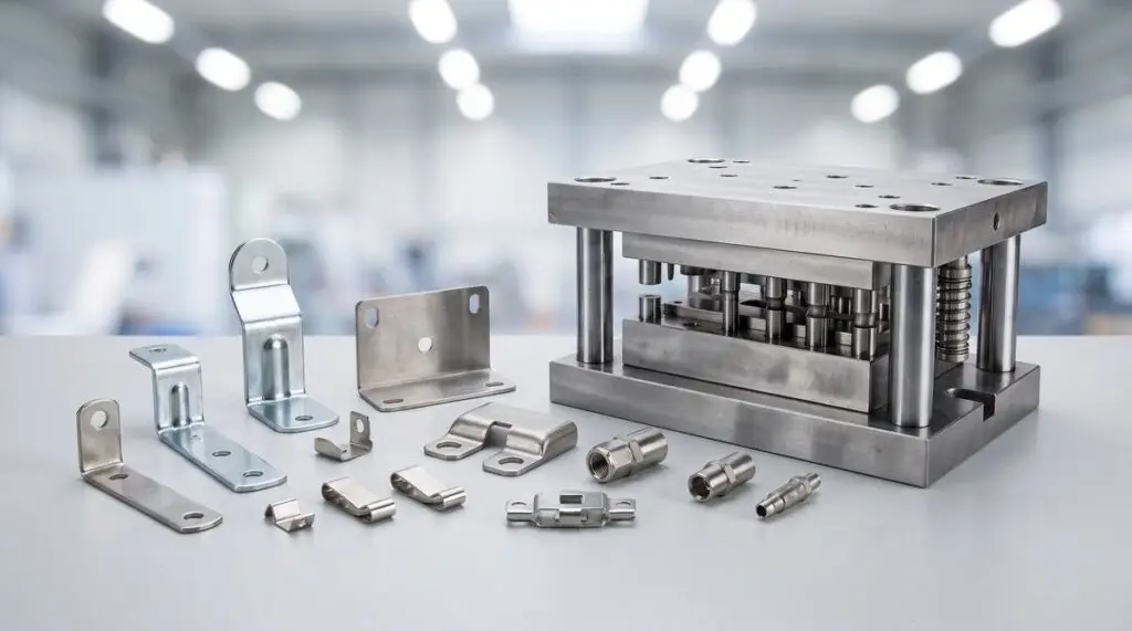 Precision stamped sheet-metal brackets, clips and connectors beside a progressive press stamping die