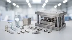 Precision stamped sheet-metal brackets, clips and connectors beside a progressive press stamping die